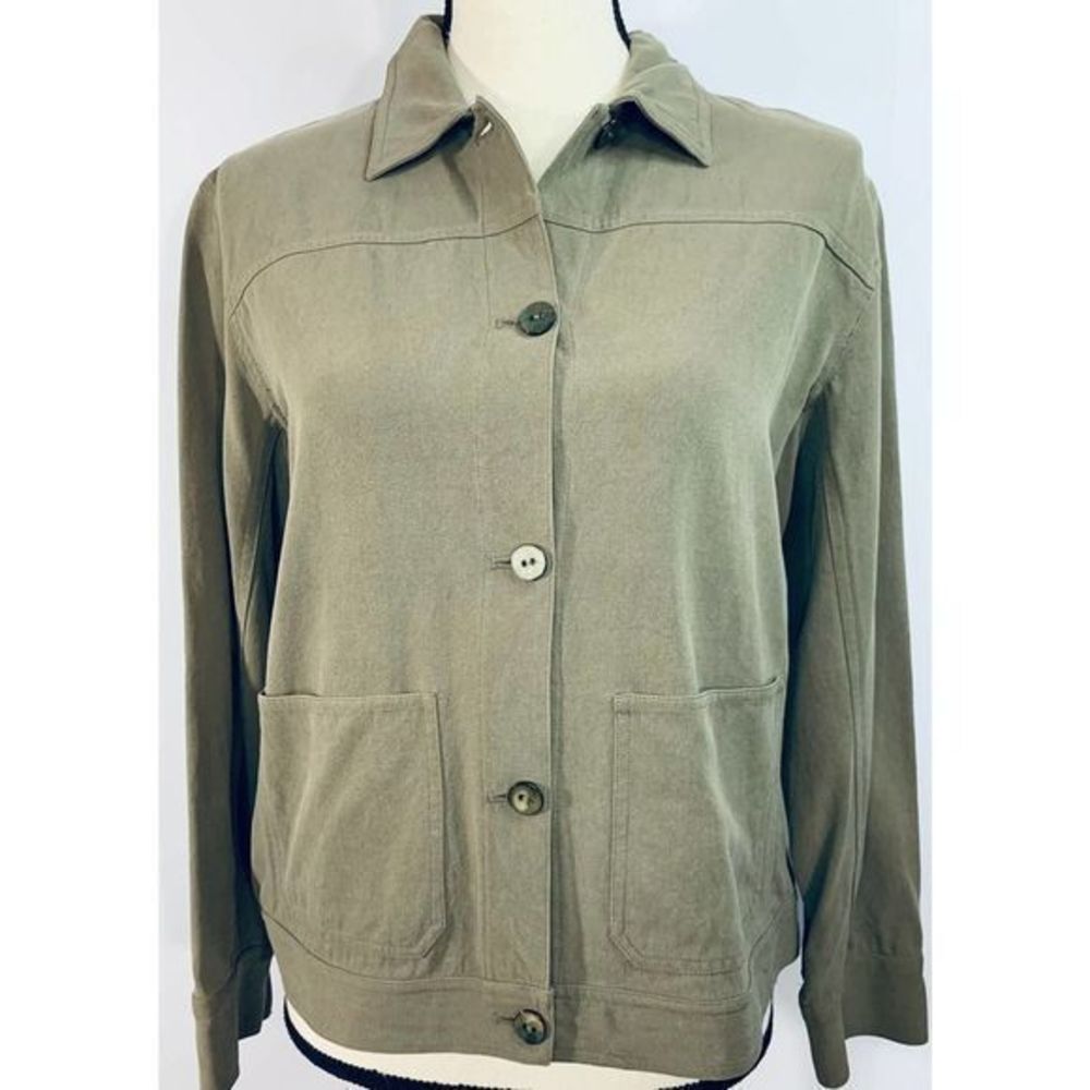 Chico's Design Jacket Blazer Womens Size 0 100% Silk Khaki Brown Lightweight